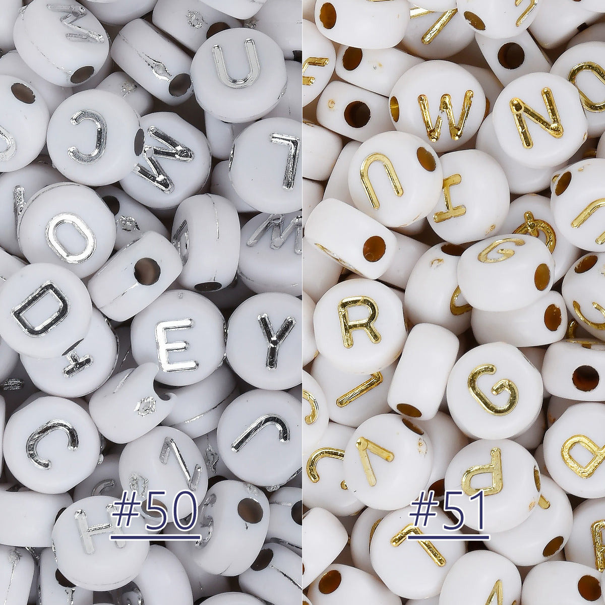 White Acrylic Alphabet Beads Gold Letter Round 7x7mm