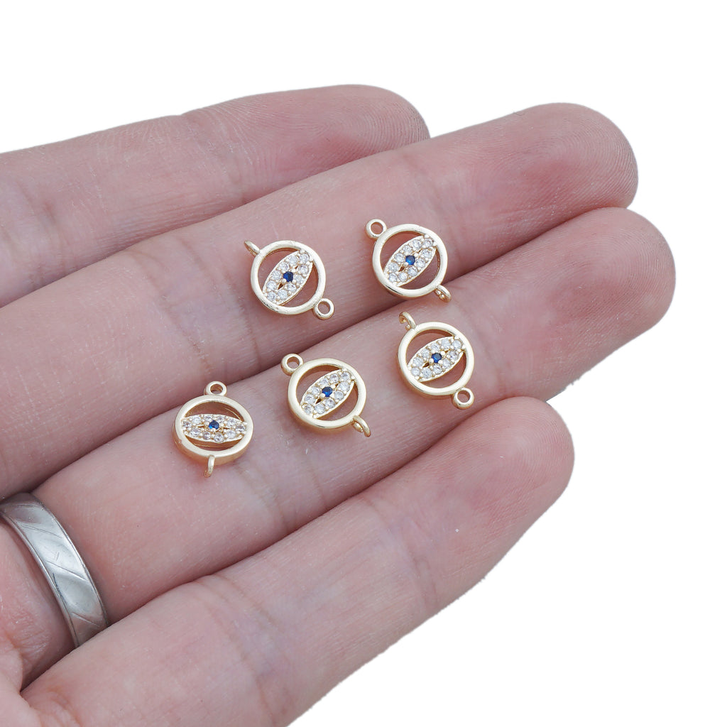 14k Gold Filled Round Evil Eye Connector charms, Double Loop Necklace Bracelet Round Zircon Charms 10422751