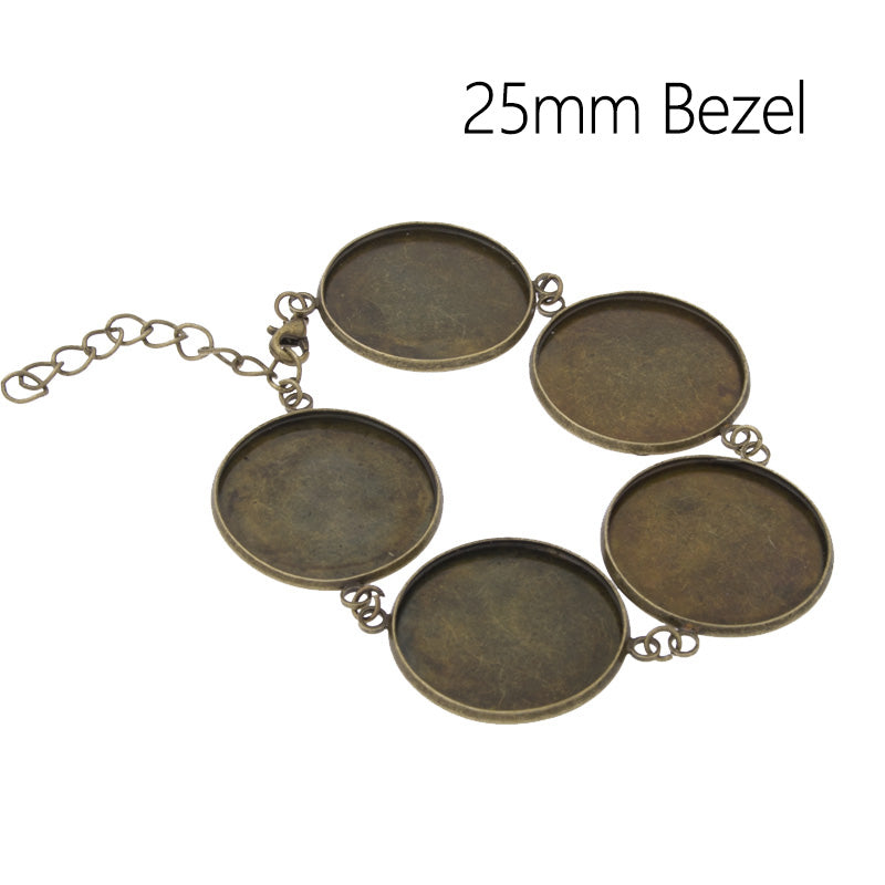 Round Bracelet Blanks with Chain and Clasp,5 pcs 25mm Round Bezel,Brass filled,Antique Bronze,5pcs/lot