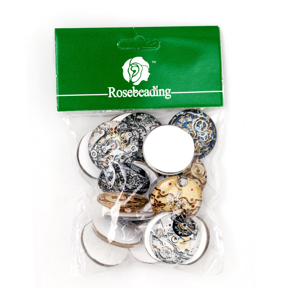 25mm Vintage Mechanical Gear Steampunk Art Photo Glass Cabochons,Flat Back, Mixed color 20PCS