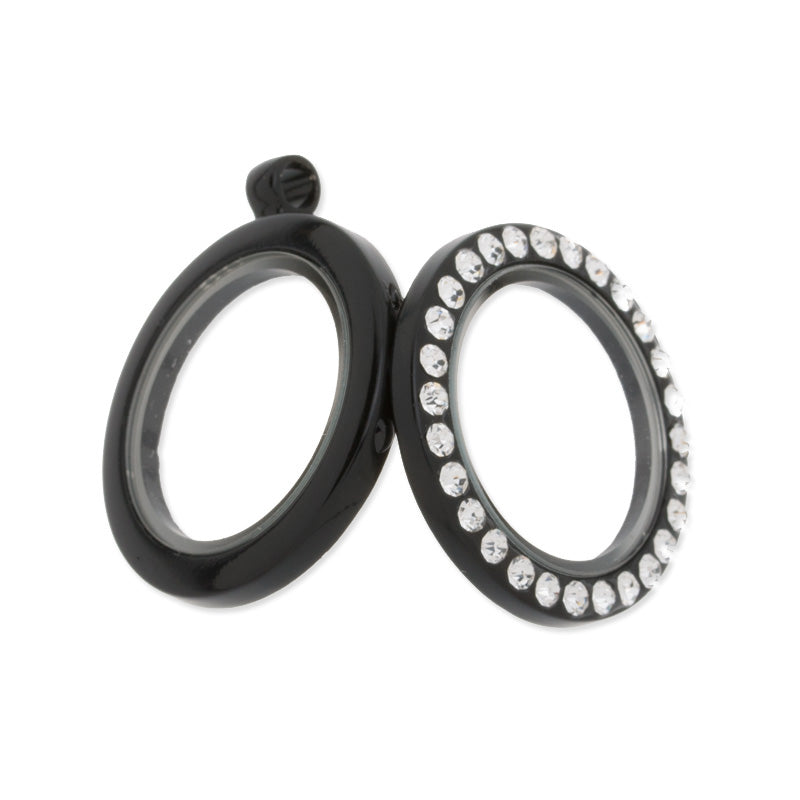 30mm Black Charm/Floating Lockets with rhinestones,inner size 20mm,glass locket,memory Locket