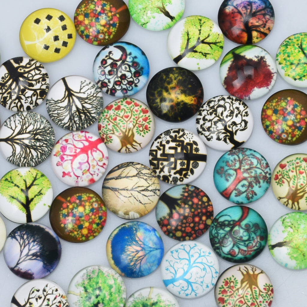 14MM Round pattern glass cabochons with mixed tree,colorful photo glass cabochon,flat back,thickness 5mm,50 pieces/lot