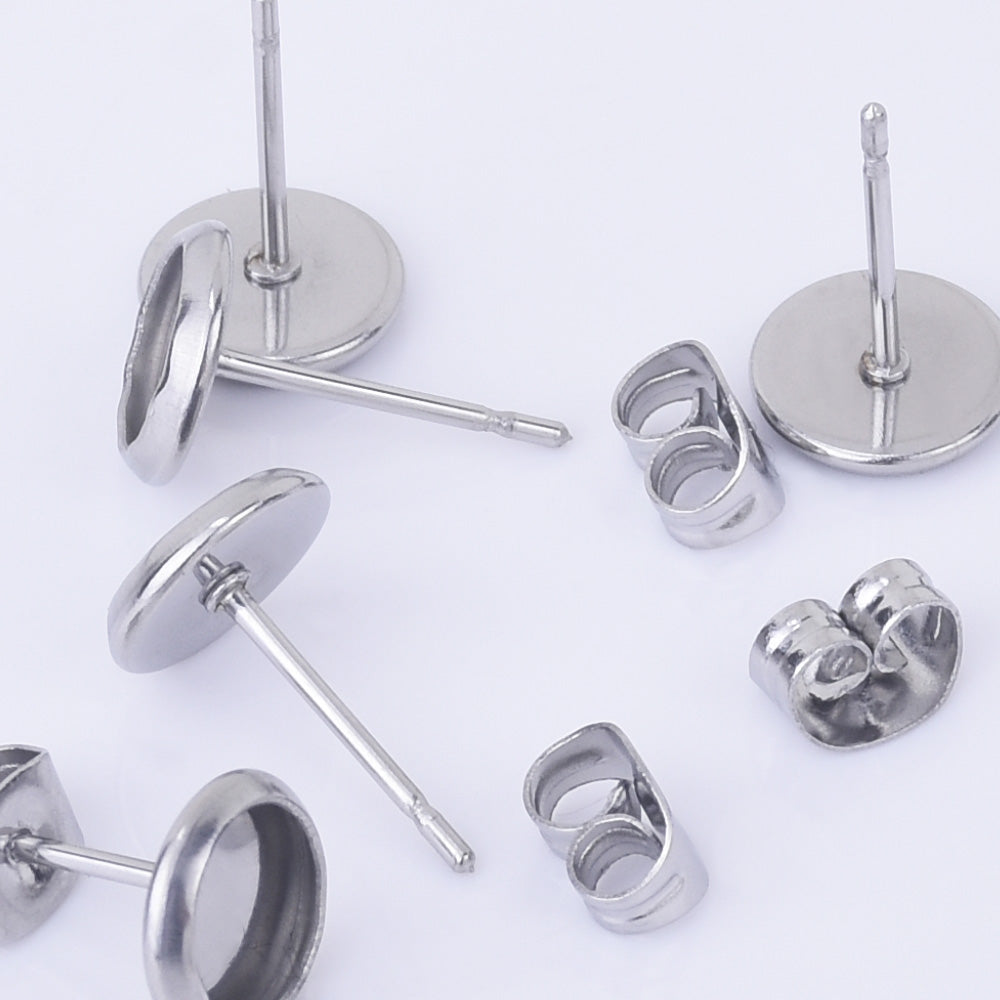 Stainless Steel Bezel Earring Stud Blank Bezel 6/8/10/12/14/16/18/20mm No allergic Earring Posts 30pcs