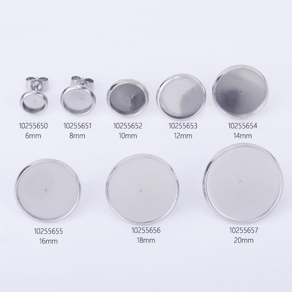 Stainless Steel Bezel Earring Stud Blank Bezel 6/8/10/12/14/16/18/20mm No allergic Earring Posts 30pcs