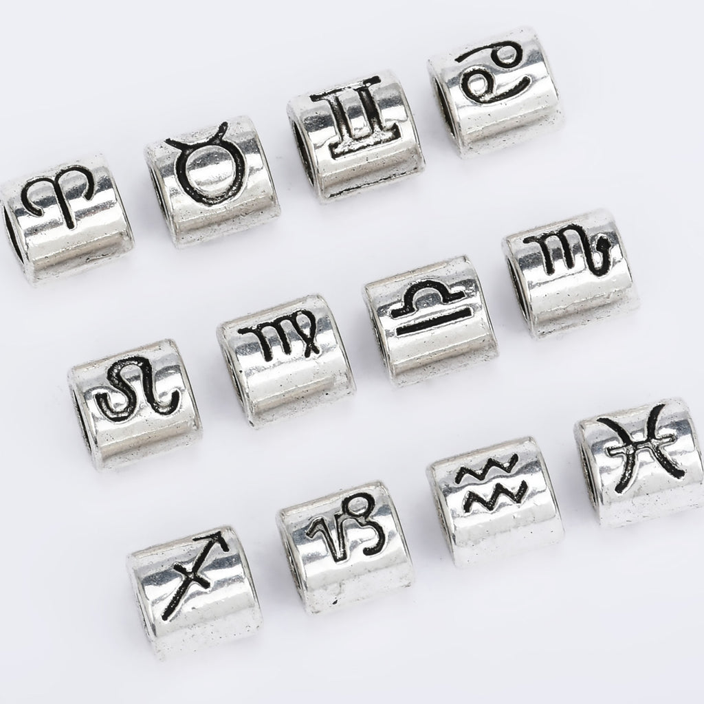 Set of 12 Alloy Zodiac Bead Set 7mm Slider Beads 4mm Hole Constellation Style Double Sided DIY Jewelry Findings 1set 10280350