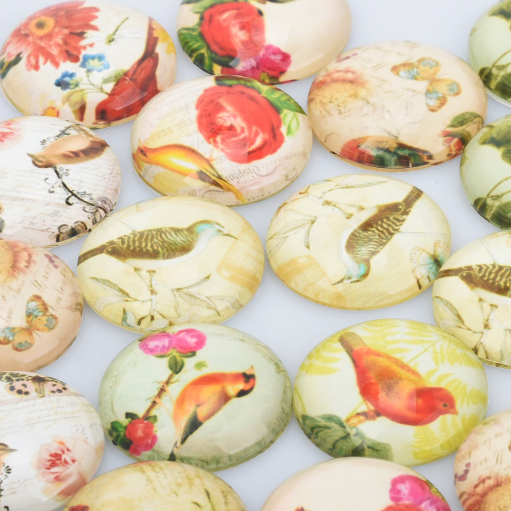 25MM Round Pattern flat-back Glass cabochon,one style multi photos,Birds and Flower,20 pieces/lot