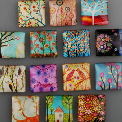 25mm Square transparent pattern glass cabochons with mixed Trees,flat back,thickness 6.5mm, 20 pieces/lot