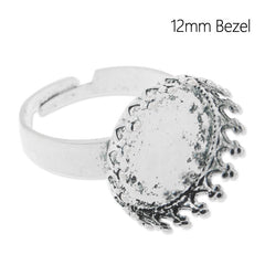 Adjustable Ring with 12MM Round Princess Base,Brass filled,Antique Silver plated,20 pieces/lot