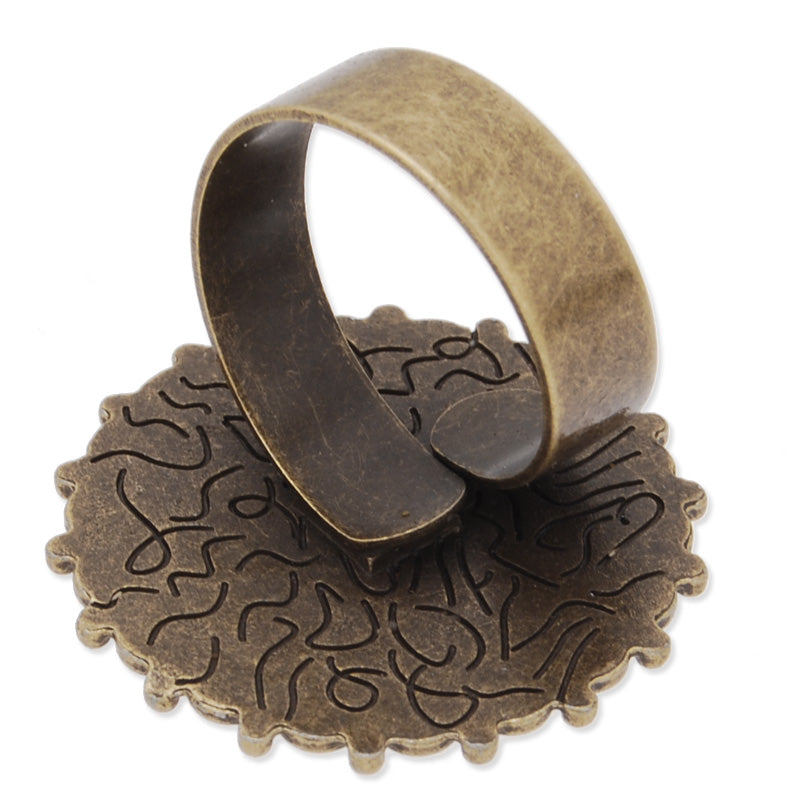 Circle Adjustable Ring with 20MM Round Ornate Bezel ,Antique Bronze,zinc alloy filled,20pcs/lot
