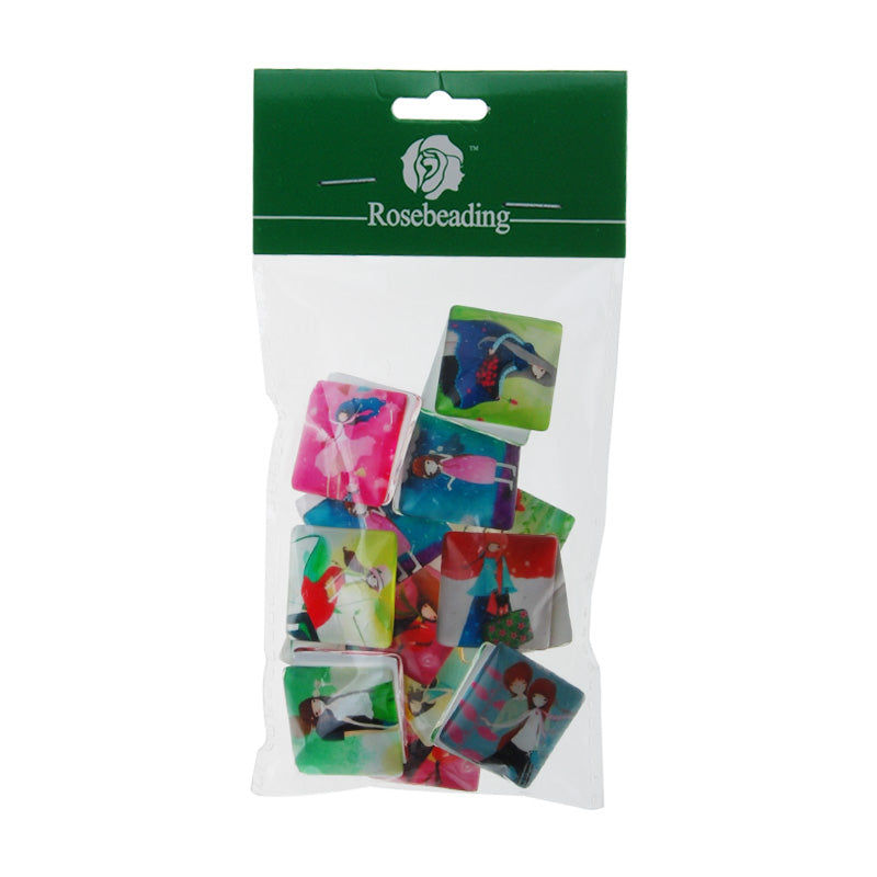 25mm Square transparent pattern glass cabochons with mixed cute girls,flat back,thickness 6.5mm, 20 pieces/lot
