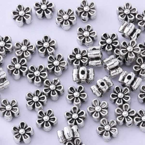 300pcs 6 Style Antique Silver Spacer Beads Tibetan Metal Alloy Jewelry  Beads Tube Spacers Flower Flat Rondelle Small Loose Beads for Bracelet  Necklace Earring Jewelry Making Supplies 