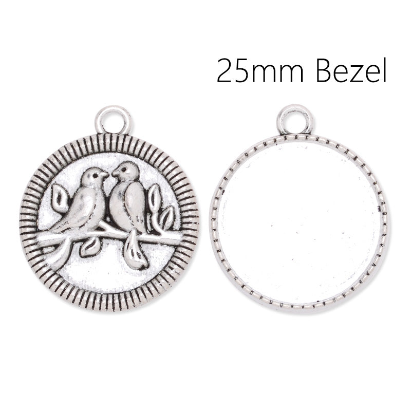 25mm Round pendant tray with Birds in the back,Zinc alloy filled,Antique Silver plated,20pcs/lot