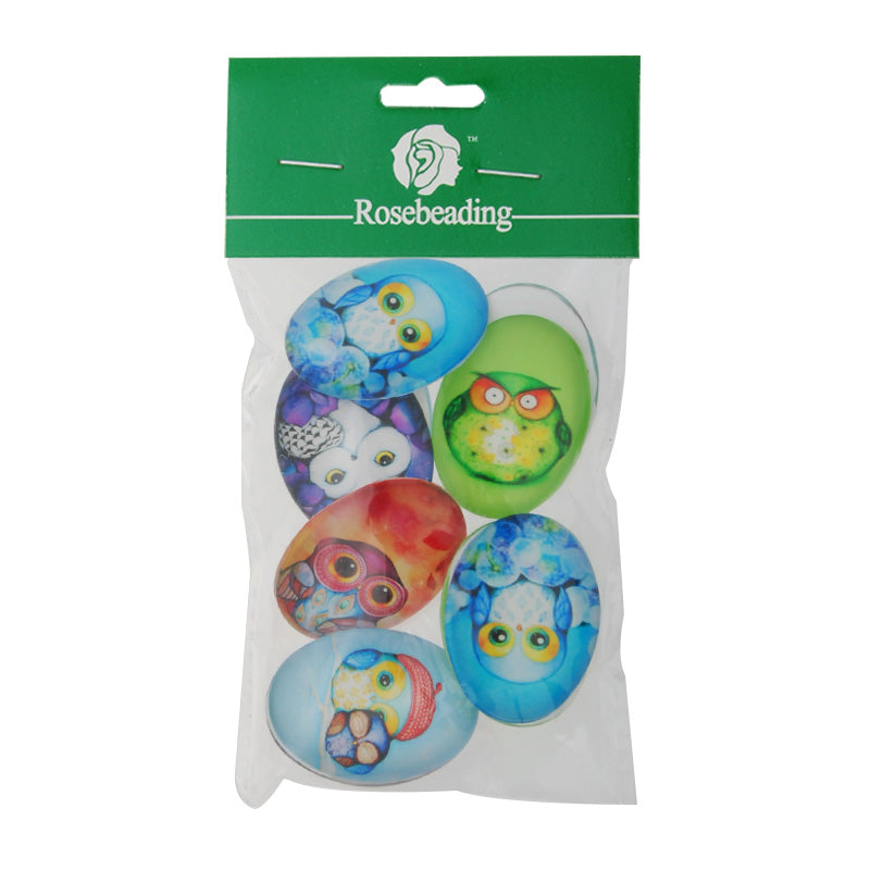 30x40MM oval pattern glass cabochons with mixed owl,flat back,thickness 8mm,10 pieces/lot