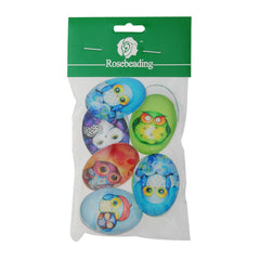 30x40MM oval pattern glass cabochons with mixed owl,flat back,thickness 8mm,10 pieces/lot