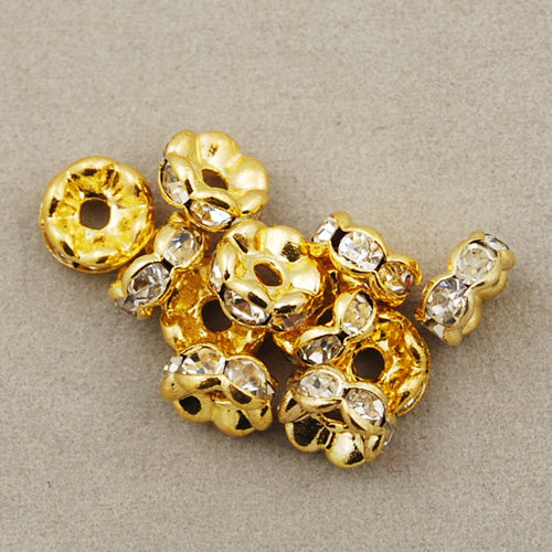 Iron Rhinestone Spacer Beads, Grade B, Rondelle, Straight Edge, Clear,  Golden, 7~8x3.5mm, Hole: 2mm 